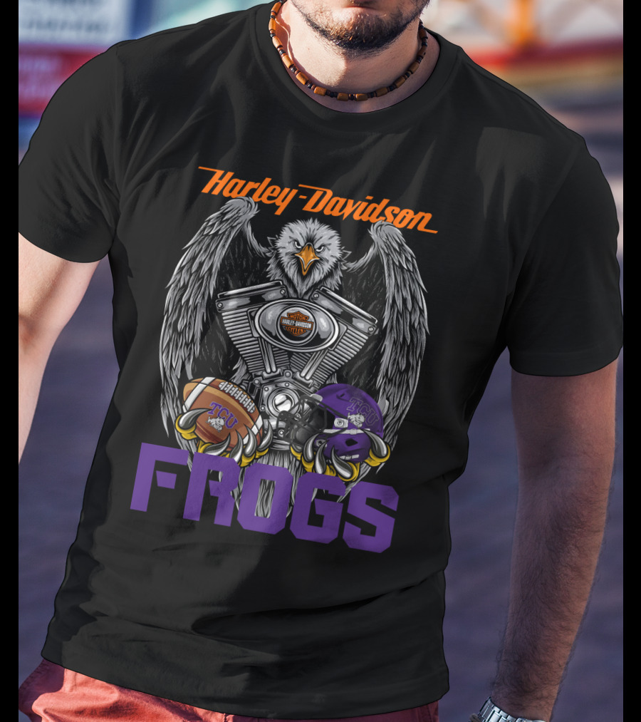 Harley Davidson Tcu Frogs Ncaa Football Helmet And Eagle T-Shirt