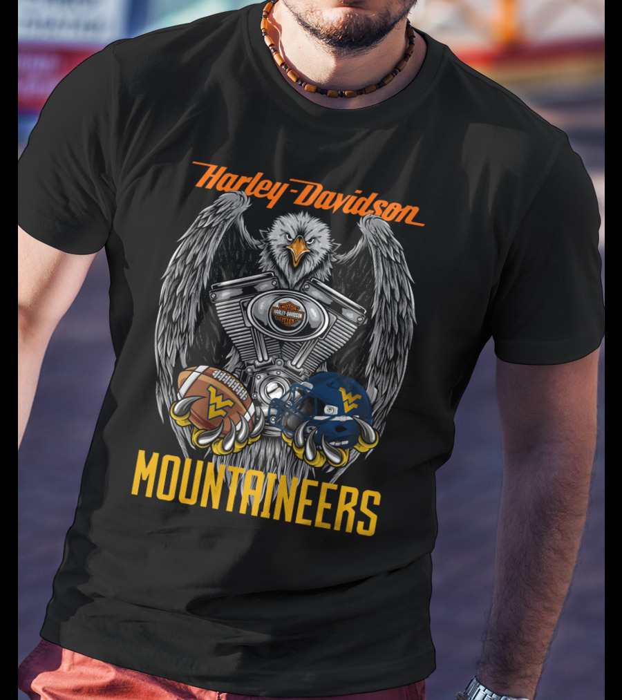 Harley Davidson Mountaineers Wv Football Helmet And Engine Eagle T-Shirt