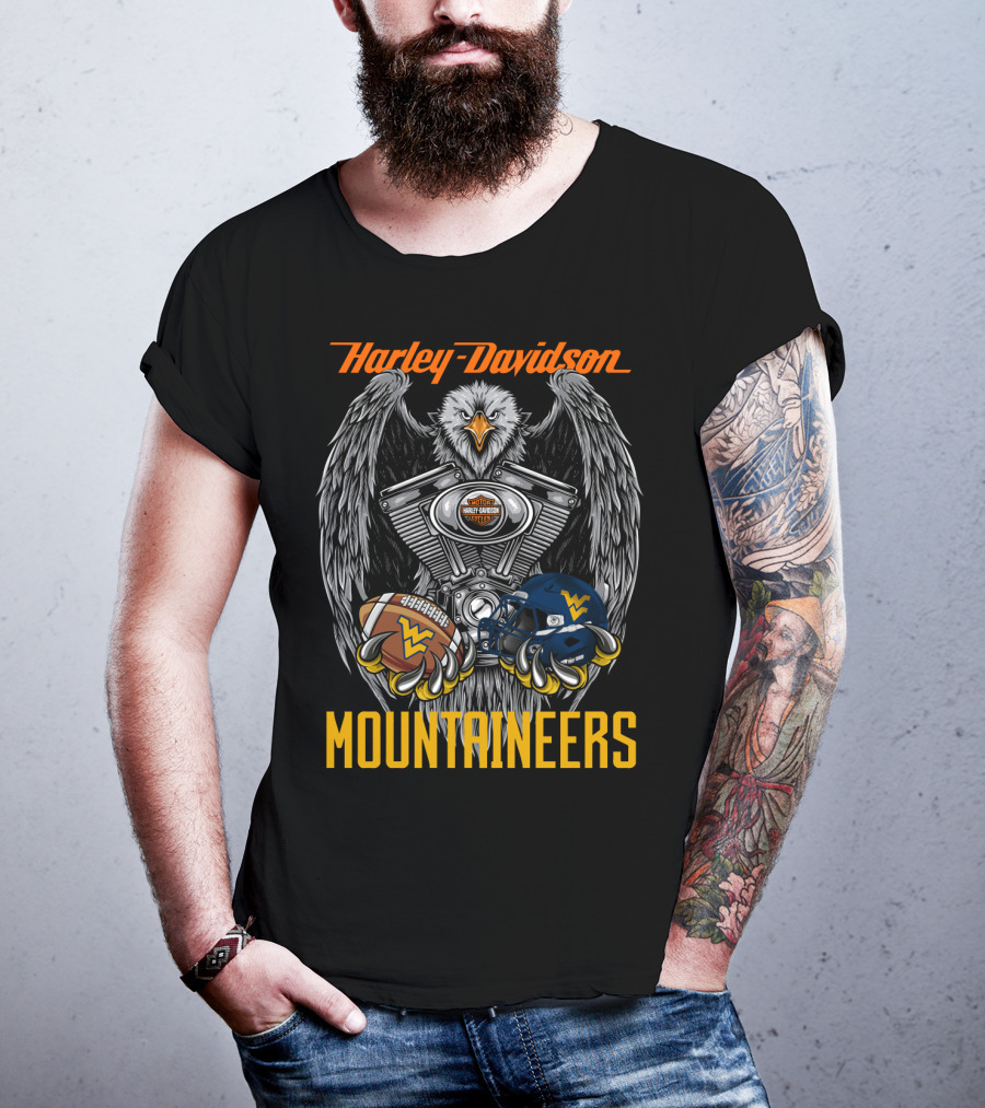 Harley Davidson Mountaineers Wv Football Helmet And Engine Eagle T-Shirt
