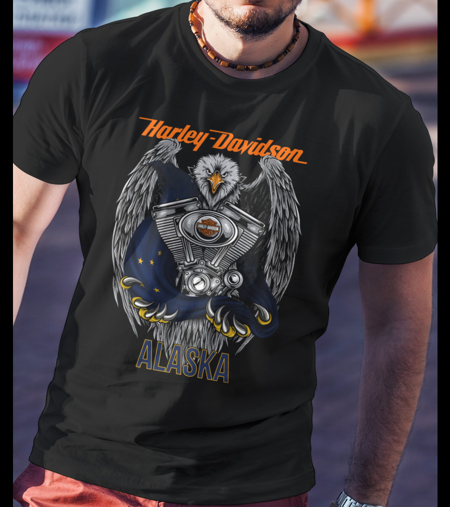 Harley Davidson Eagle With Engine And Alaska Flag T-Shirt