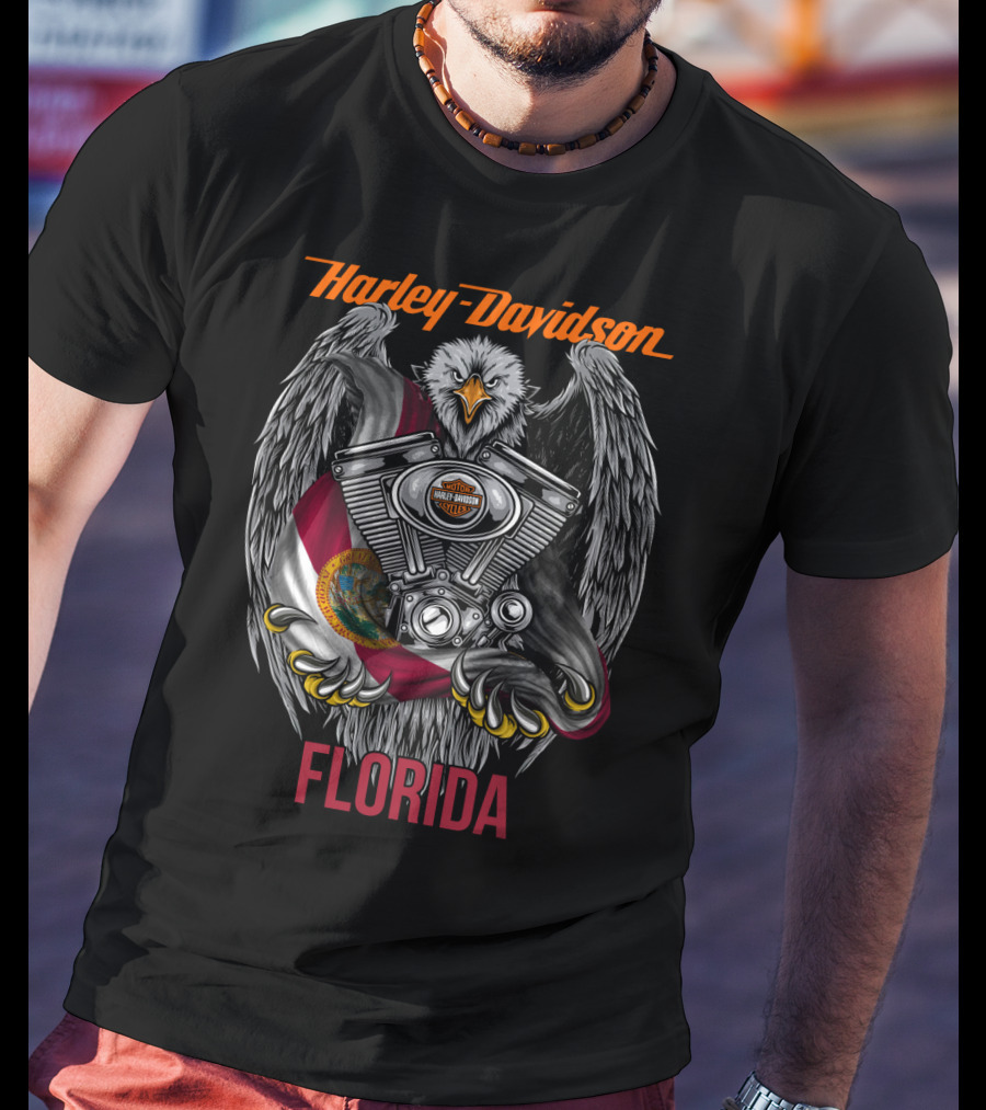 Harley Davidson Florida Eagle With Engine And State Flag T-Shirt