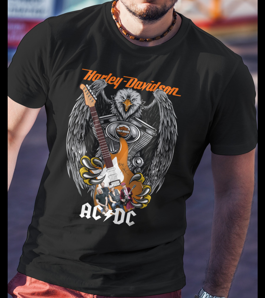 Harley Davidson Motorcycles Eagle Guitar Ac/Dc Band Collaboration T-Shirt