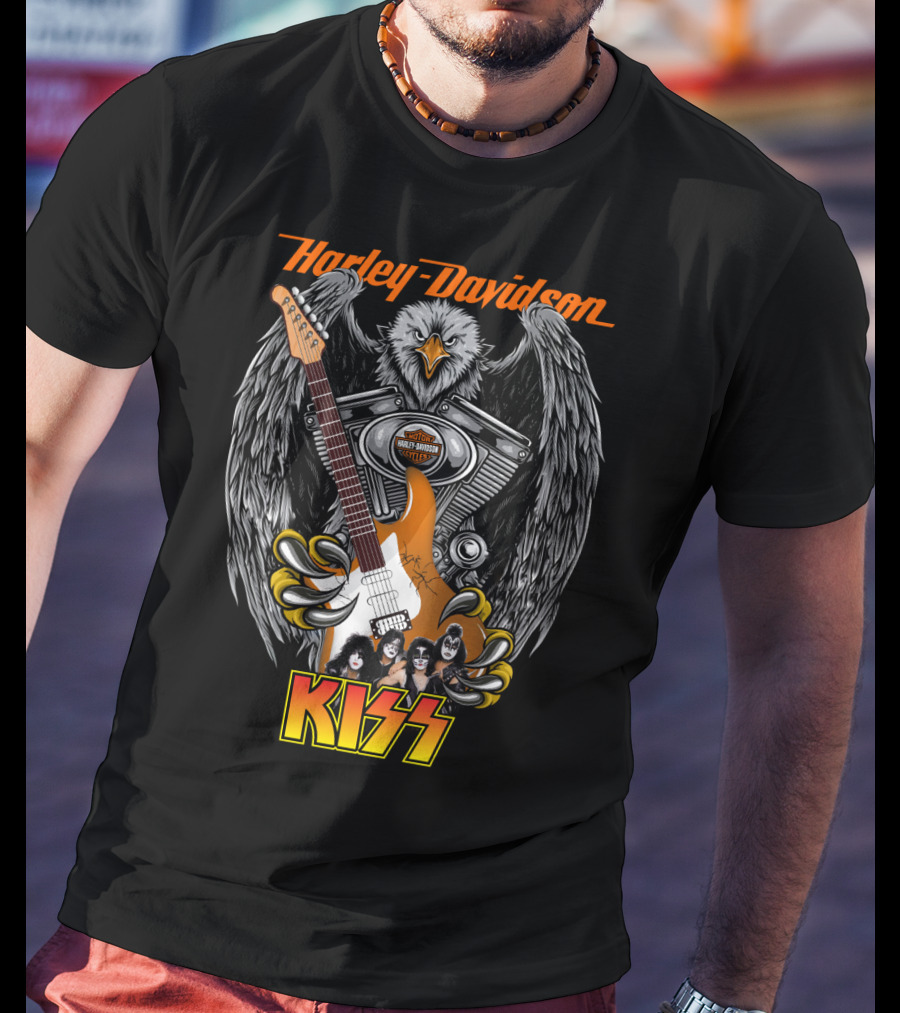 Harley Davidson Motor Cycles Kiss Band Eagle Guitar T-Shirt