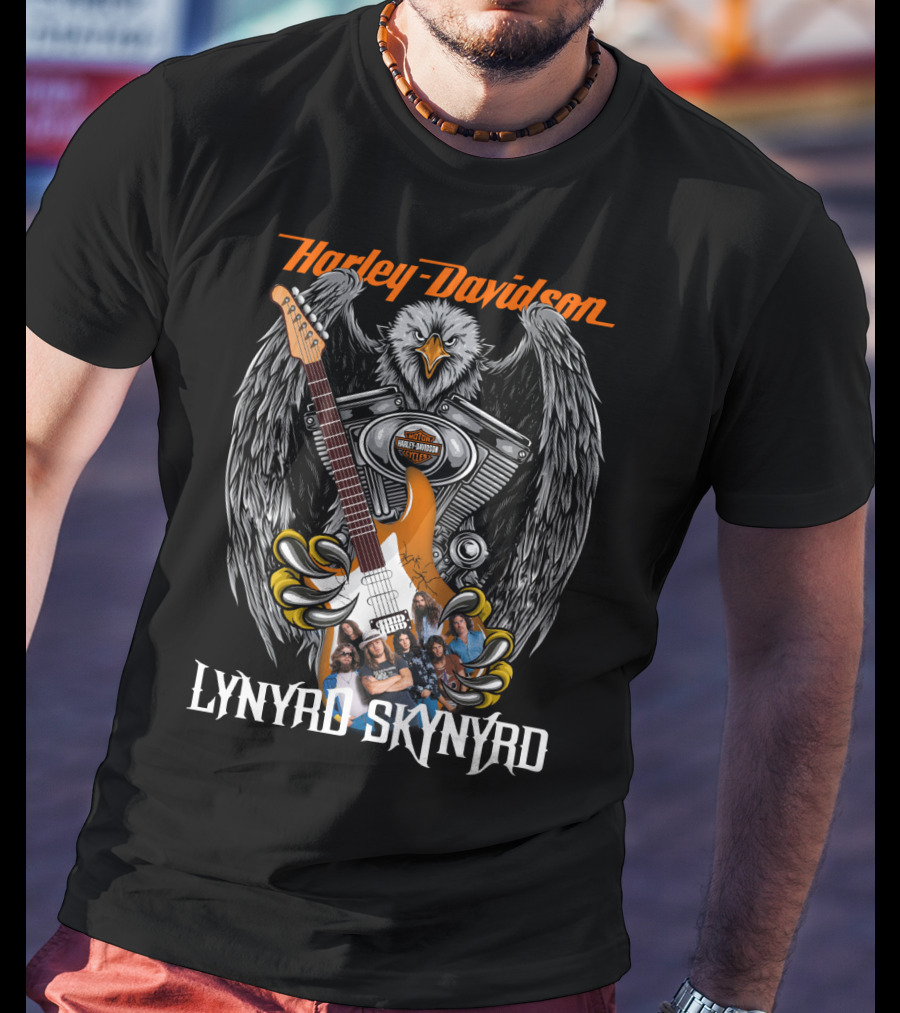 Harley Davidson Eagle V-Twin Engine Lynyrd Skynyrd Band Guitar T-Shirt