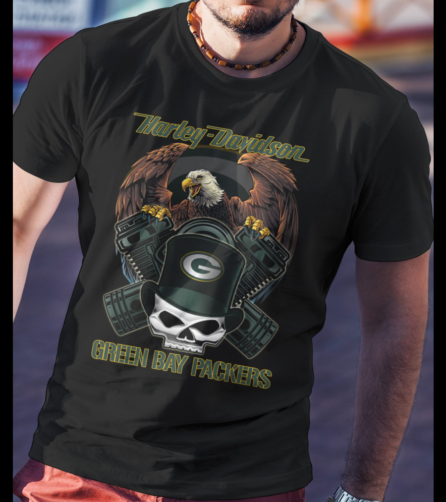 Harley Davidson Green Bay Packers Eagle Skull Motorcycle Art T-Shirt