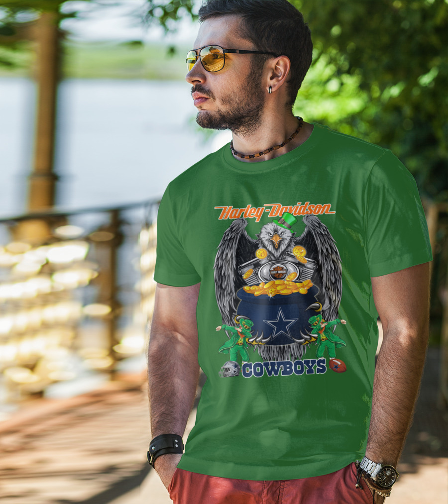 Harley Davidson Nfl Dallas Cowboys Eagle With Leprechauns And Pot Of Gold T-Shirt