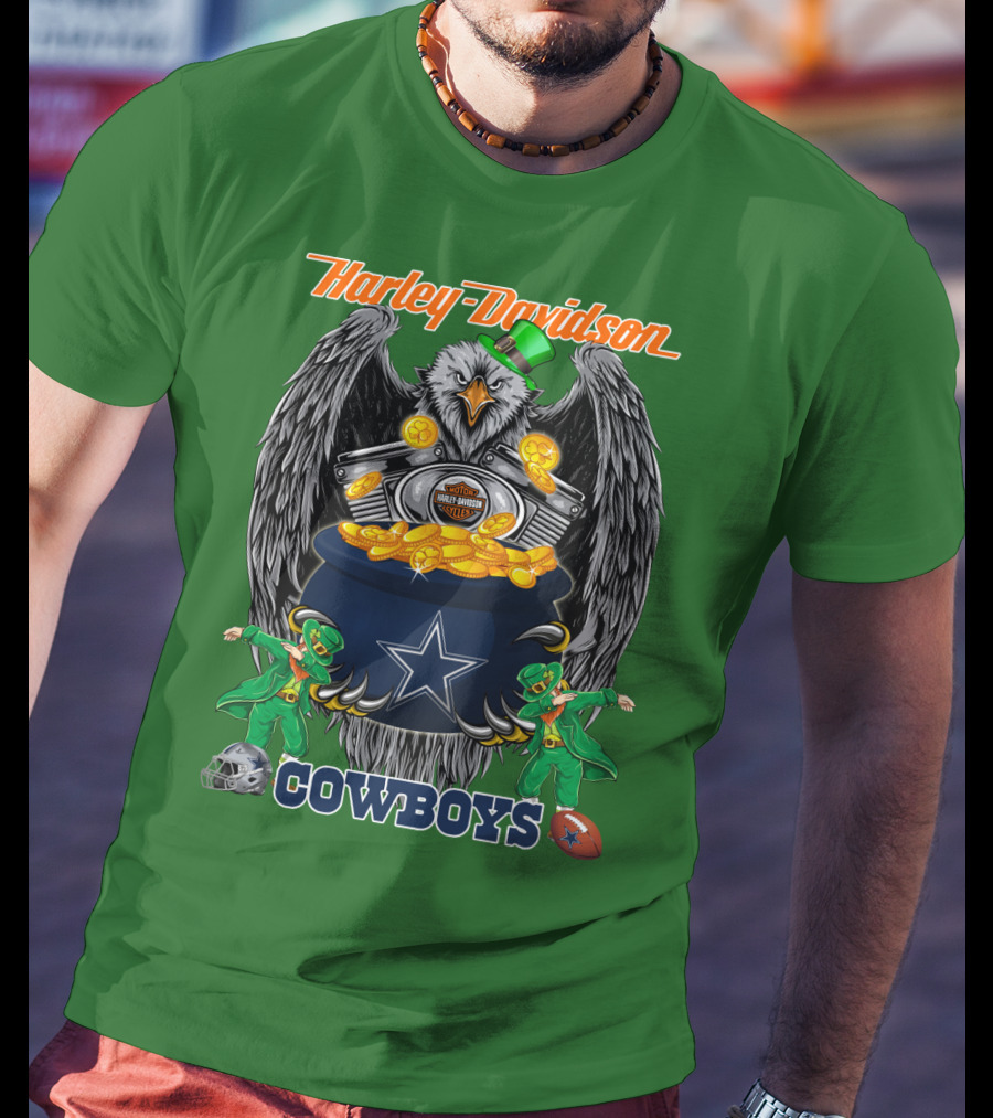 Harley Davidson Nfl Dallas Cowboys Eagle With Leprechauns And Pot Of Gold T-Shirt