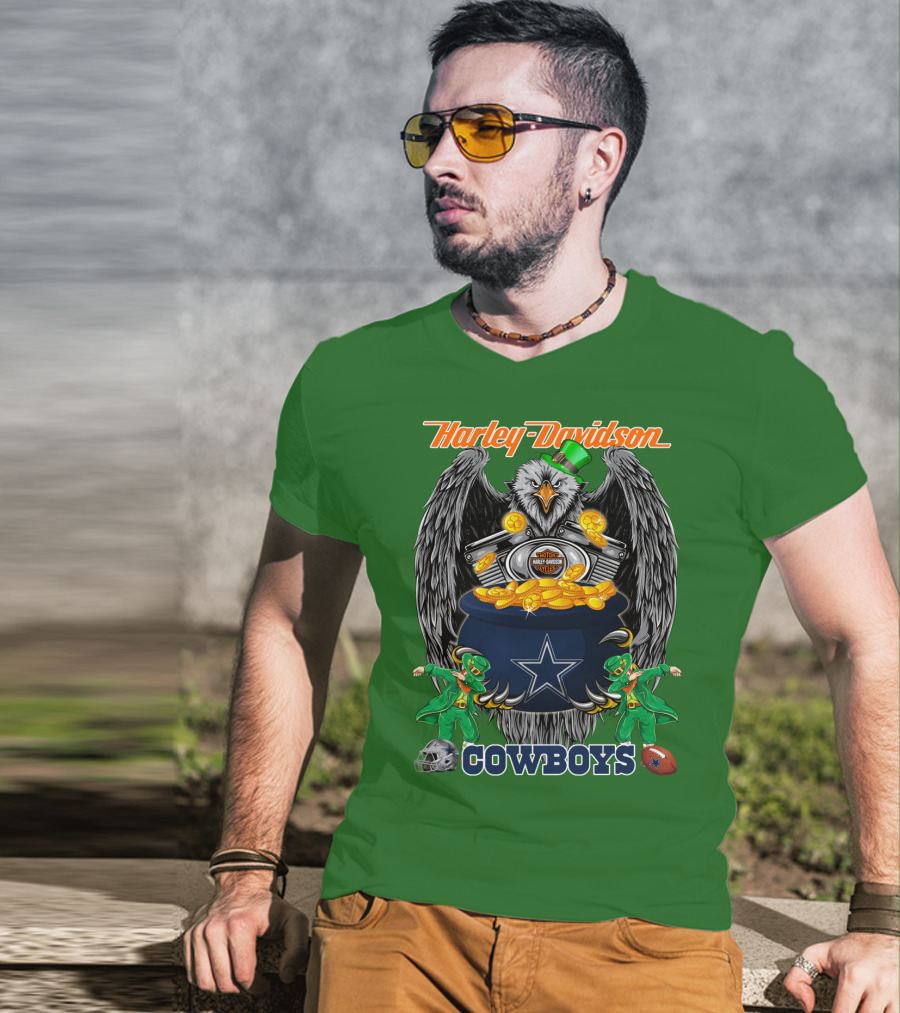 Harley Davidson Nfl Dallas Cowboys Eagle With Leprechauns And Pot Of Gold T-Shirt