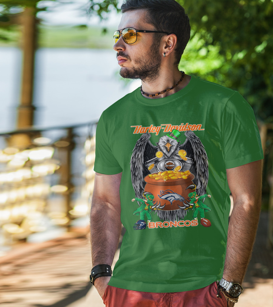 Harley Davidson Denver Broncos Nfl Leprechaun Eagle Pot Of Gold T-Shirt