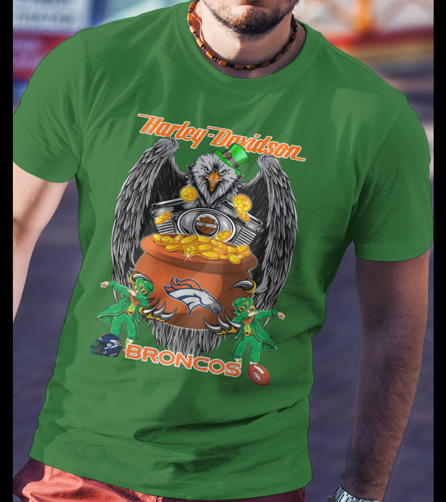Harley Davidson Denver Broncos Nfl Leprechaun Eagle Pot Of Gold T-Shirt