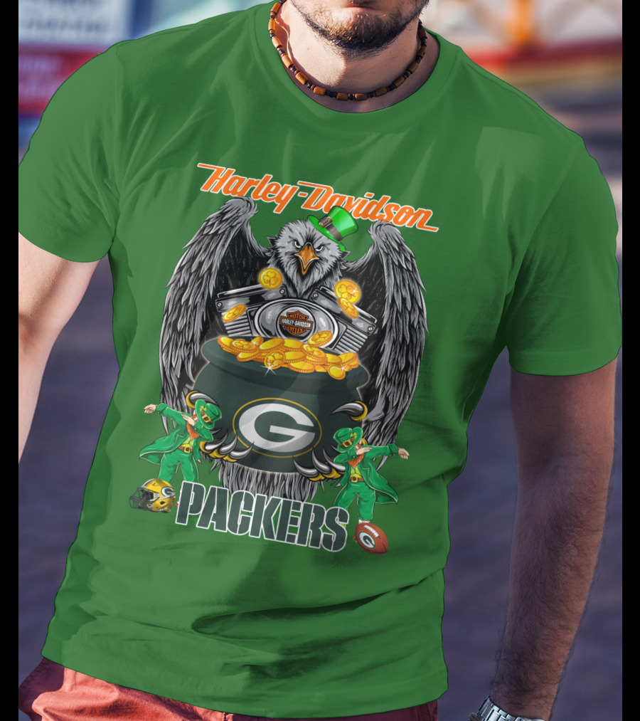 Harley Davidson Packers Nfl Green Bay Eagles And Leprechauns With Coins T-Shirt