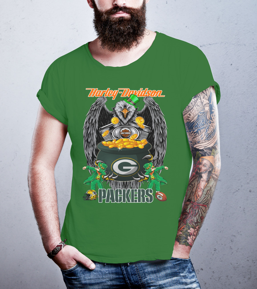 Harley Davidson Packers Nfl Green Bay Eagles And Leprechauns With Coins T-Shirt