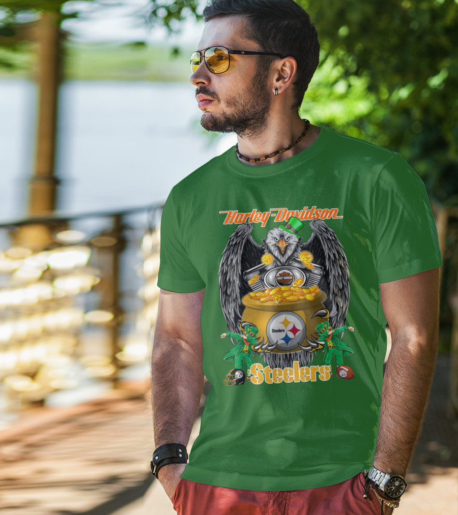 Harley Davidson Steelers Eagle Leprechaun Gold Nfl Pittsburgh T-Shirt