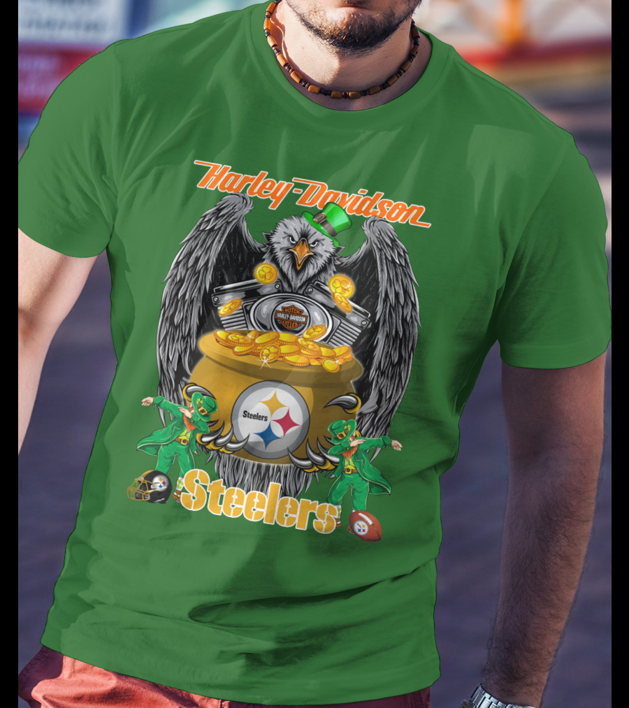 Harley Davidson Steelers Eagle Leprechaun Gold Nfl Pittsburgh T-Shirt