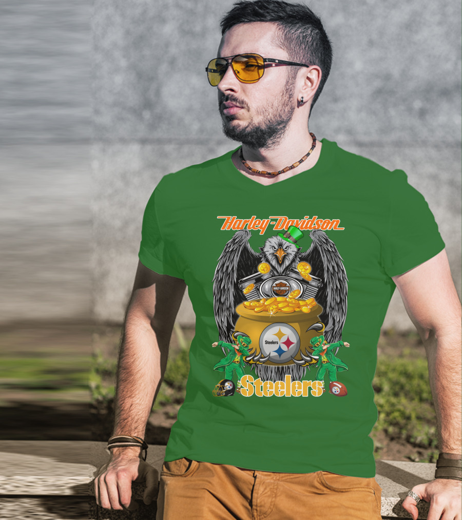 Harley Davidson Steelers Eagle Leprechaun Gold Nfl Pittsburgh T-Shirt