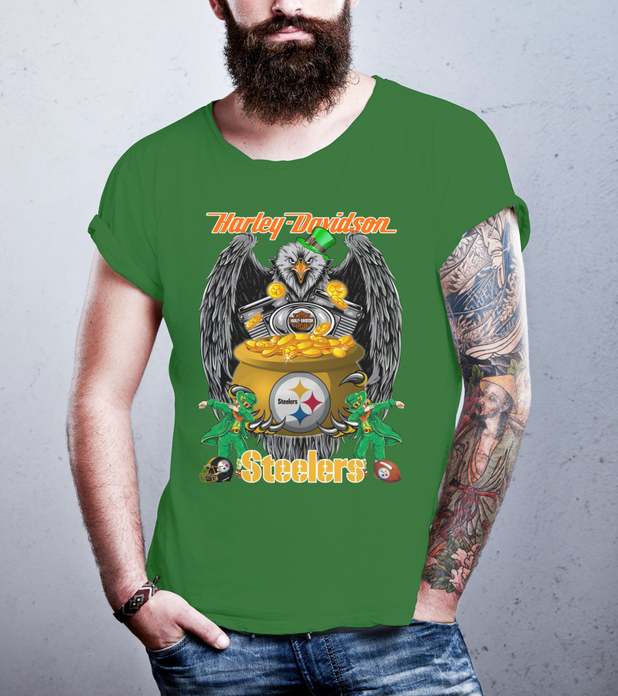 Harley Davidson Steelers Eagle Leprechaun Gold Nfl Pittsburgh T-Shirt