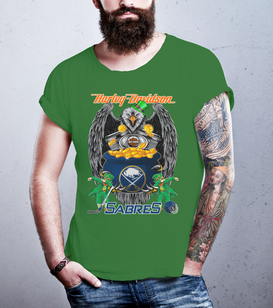 Harley Davidson Sabres Nhl Buffalo St. Patrick's Day Eagle And Pot Of Gold T-Shirt
