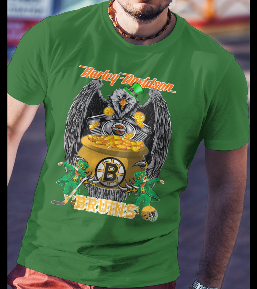 Harley Davidson Bruins St. Patrick's Day Coin Pot Hockey T-Shirt