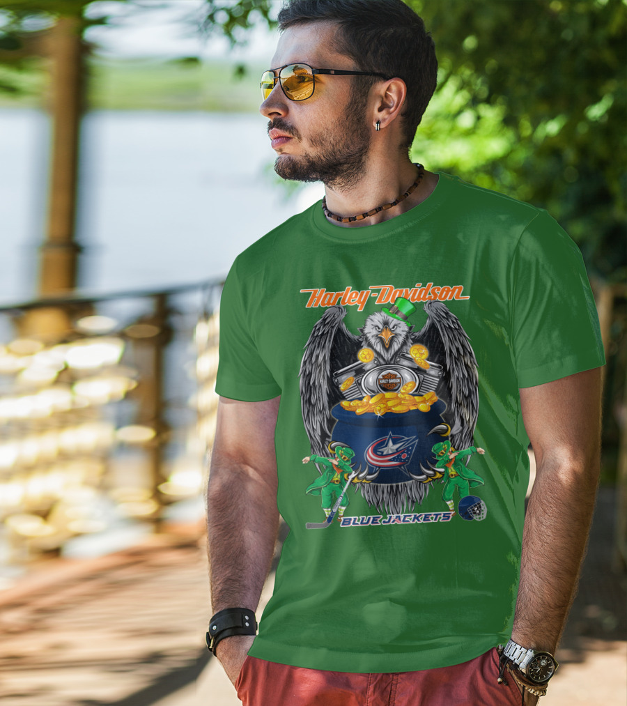 Harley Davidson Columbus Blue Jackets Nhl Eagle Leprechaun Gold Coins Green Hat T-Shirt