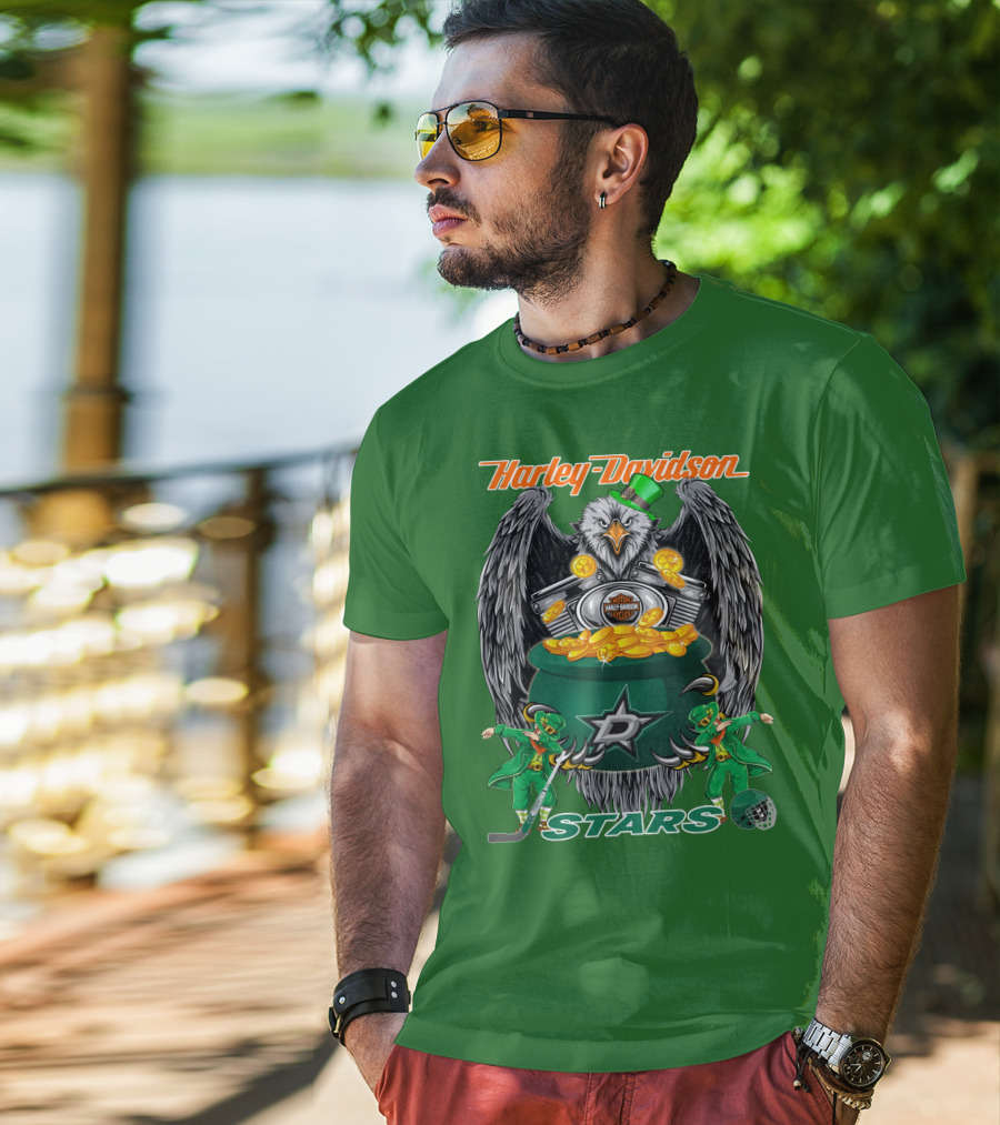 Harley Davidson Dallas Stars Nhl Eagle With Leprechauns And Hockey Gear T-Shirt