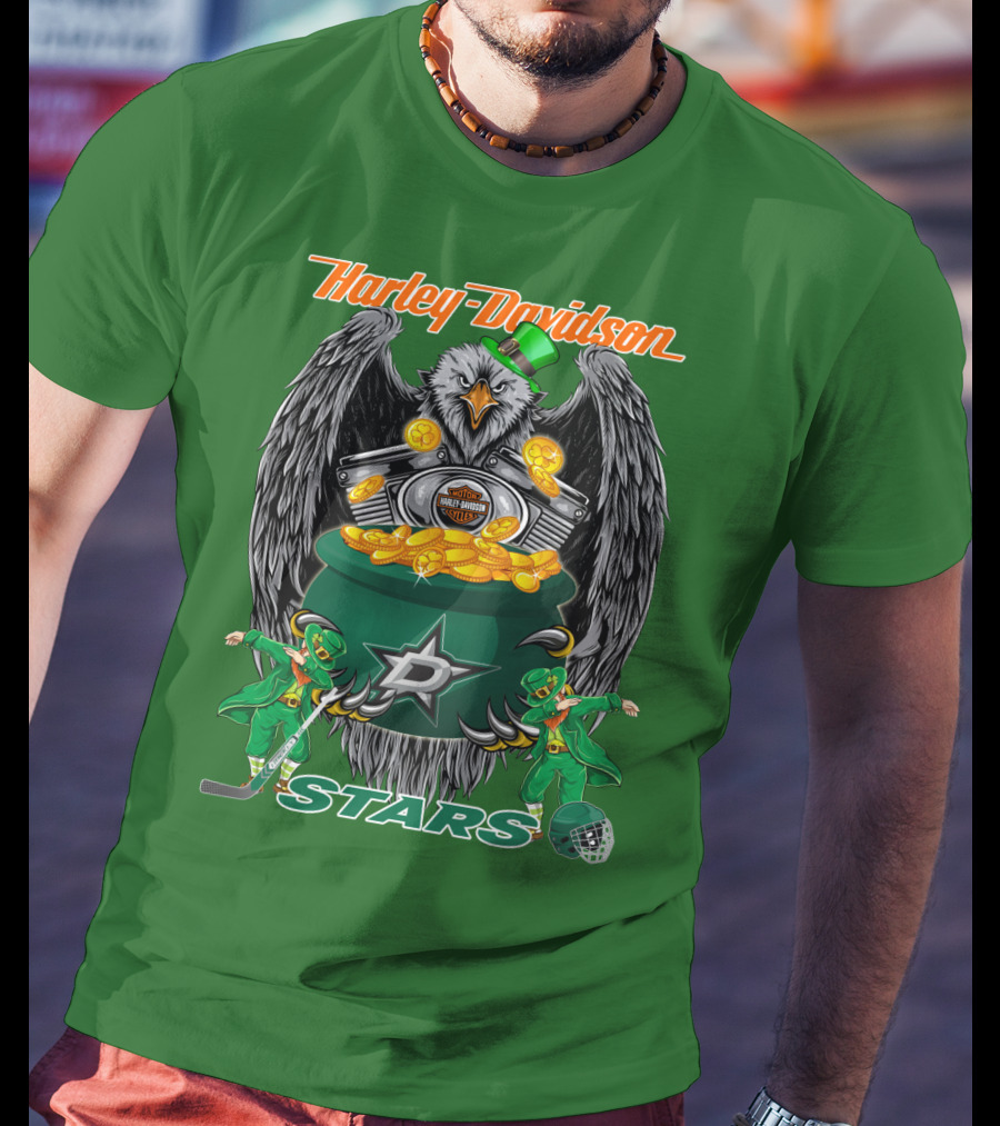 Harley Davidson Dallas Stars Nhl Eagle With Leprechauns And Hockey Gear T-Shirt