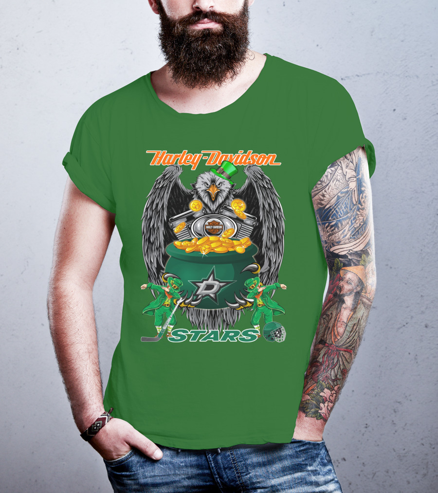 Harley Davidson Dallas Stars Nhl Eagle With Leprechauns And Hockey Gear T-Shirt