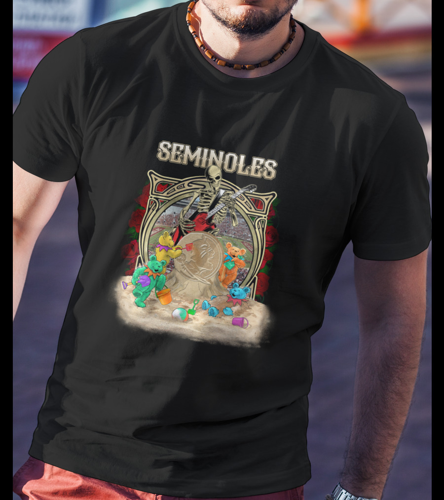 Seminoles Skeleton With Guitar And Teddy Bears At Sandcastle Scene T-Shirt