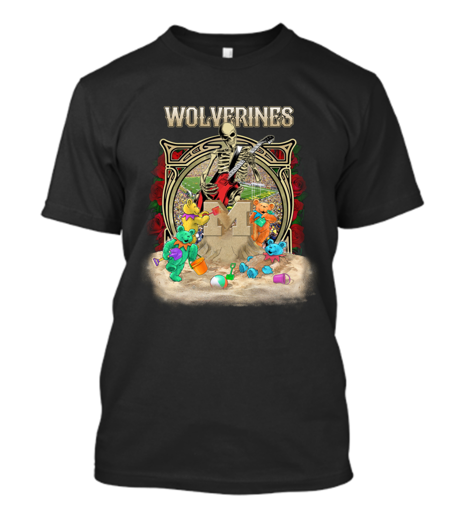 Wolverines Skeleton Guitar Bears M Beach Roses Ncaa1 Mw T-Shirt