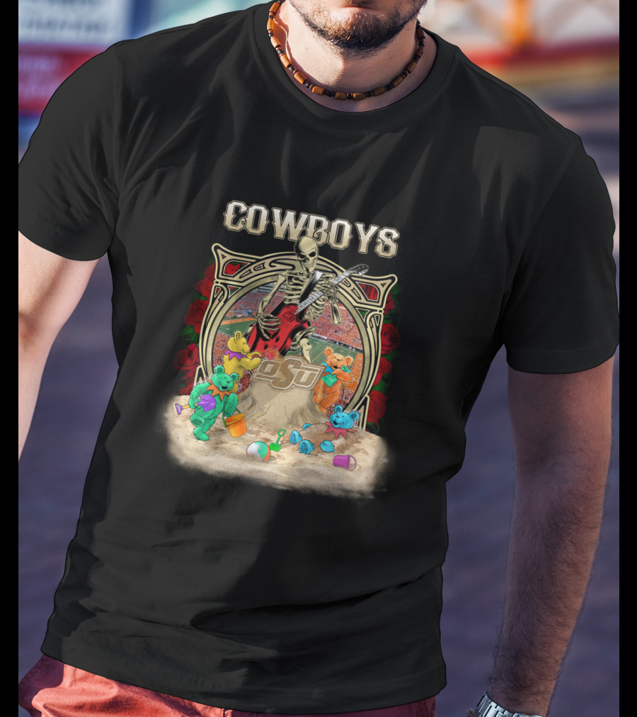 Cowboys Skeleton Guitar With Osu Ncaa1 63 Teddy Bears T-Shirt