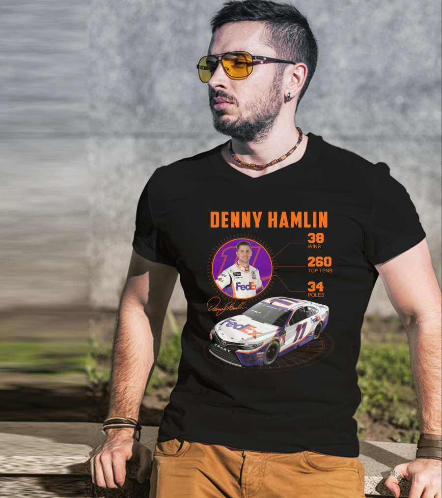 Denny Hamlin Fedex 11 Racing Stats 38 Wins 260 Top Tens 34 Poles T-Shirt