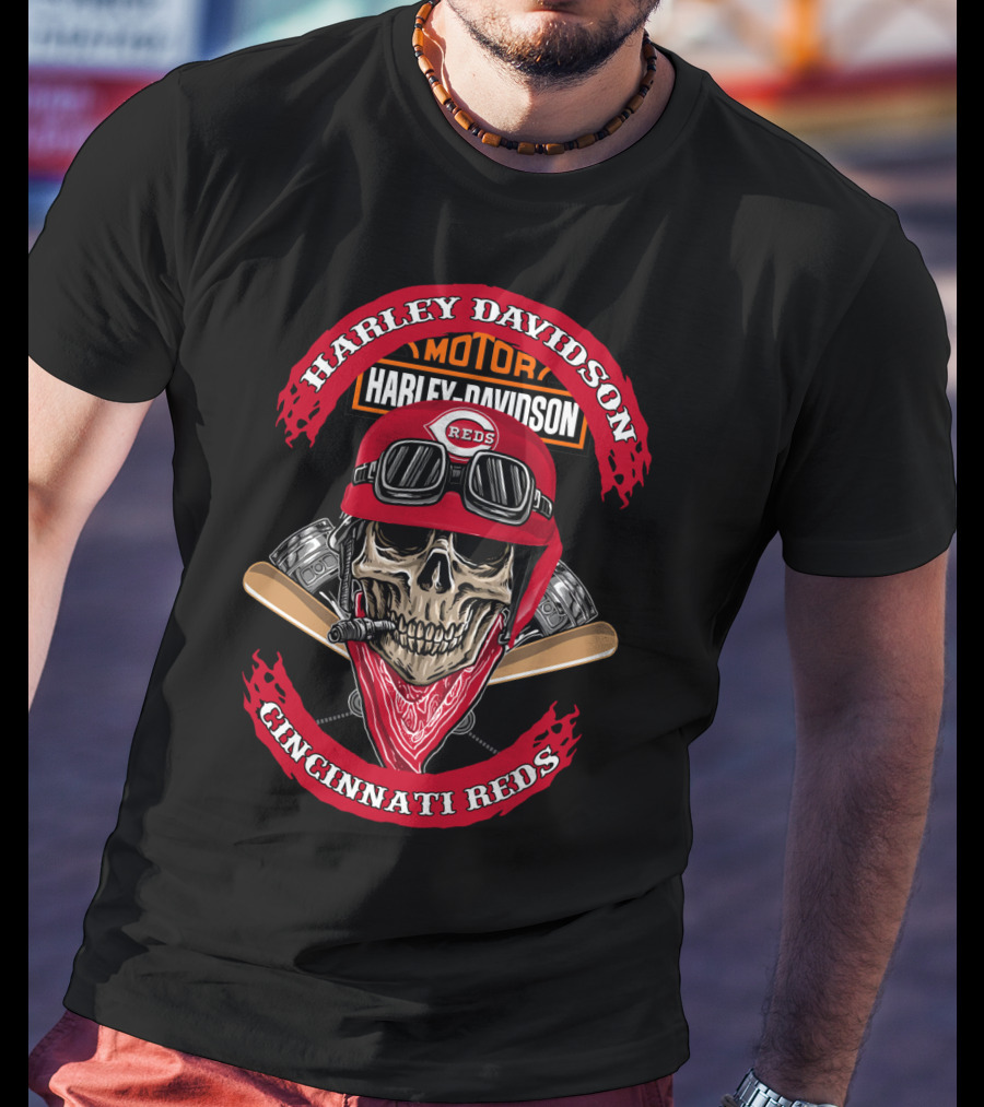 Harley Davidson Cincinnati Reds Skull Helmet Motor T-Shirt