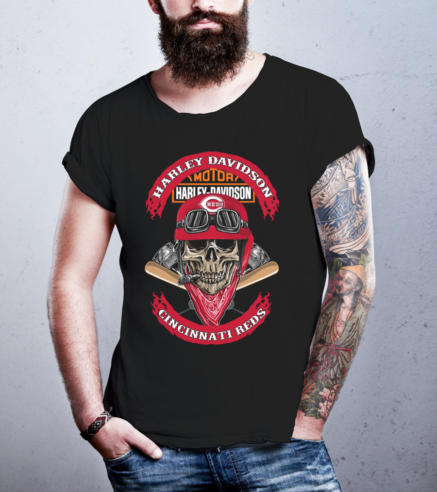 Harley Davidson Cincinnati Reds Skull Helmet Motor T-Shirt