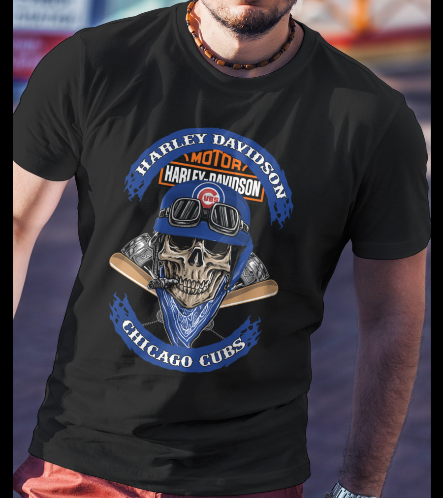Harley Davidson Chicago Cubs Skull Helmet Cigars T-Shirt