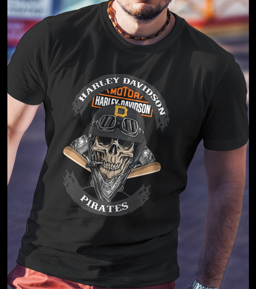 Harley Davidson Pirates Skull With Crossed Baseball Bats T-Shirt