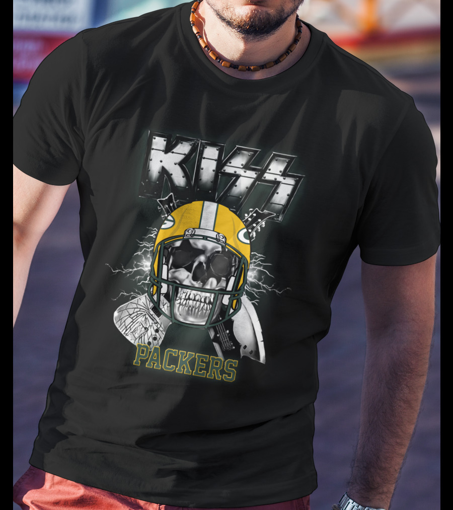 Kiss Packers Skull Helmet Electric Guitars Artwork T-Shirt