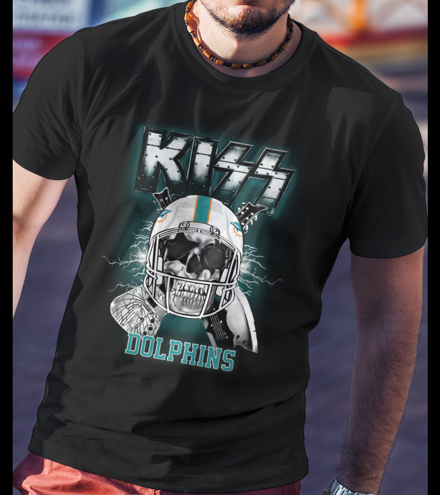 Kiss Dolphins Miami Football Skull Helmet Electric Guitars T-Shirt
