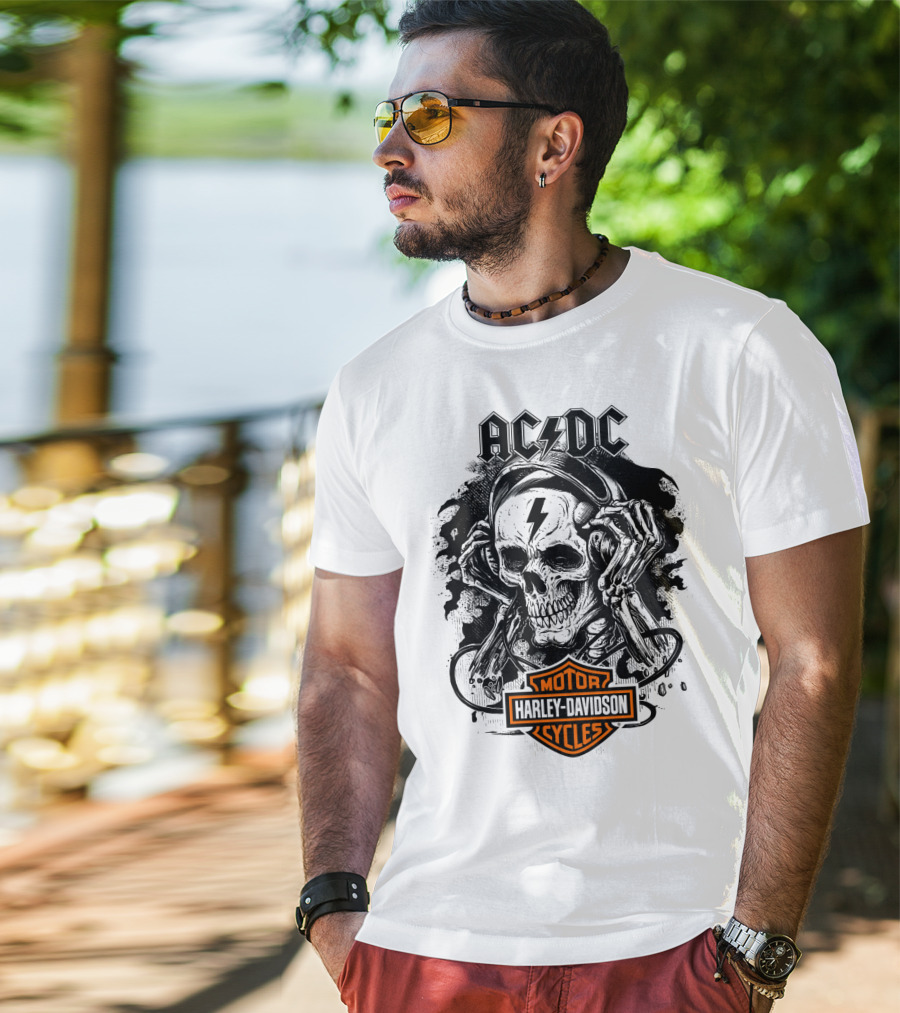 Acdc Harley Davidson Skull With Headphones T-Shirt