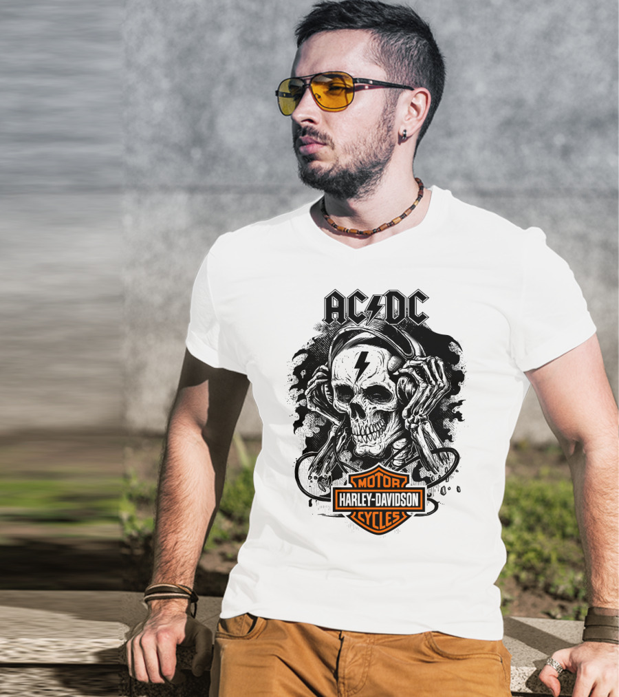 Acdc Harley Davidson Skull With Headphones T-Shirt