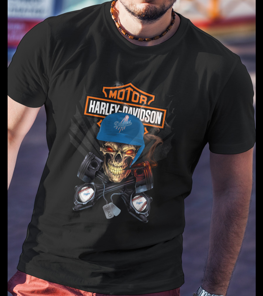 Harley Davidson Skull With Los Angeles Dodgers Cap And Baseball Motif T-Shirt