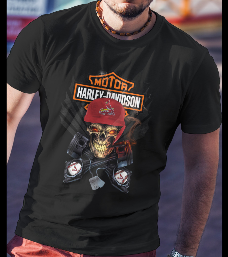 Harley Davidson Skull With St Louis Cardinals Cap And Baseball Pistons T-Shirt