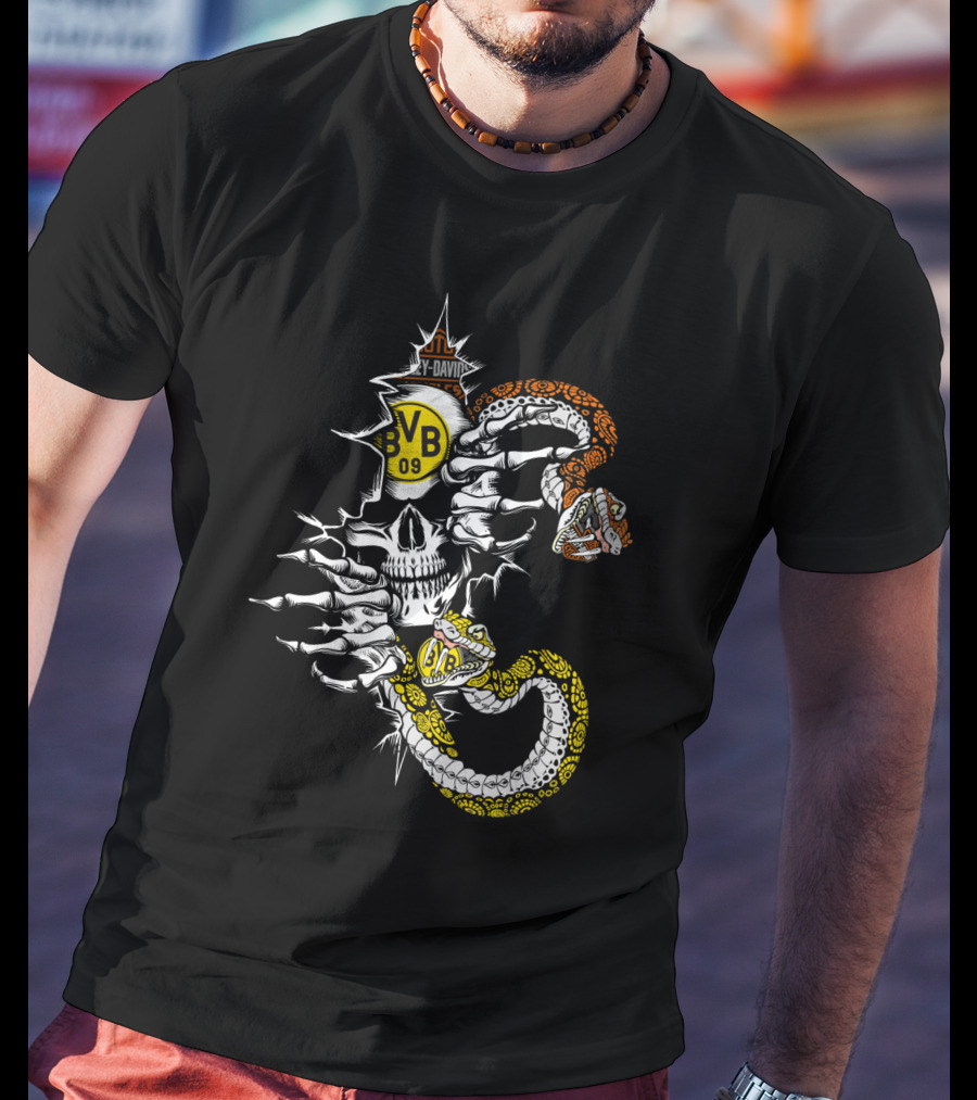 Bvb 09 Skull With Snake And Harley Davidson T-Shirt