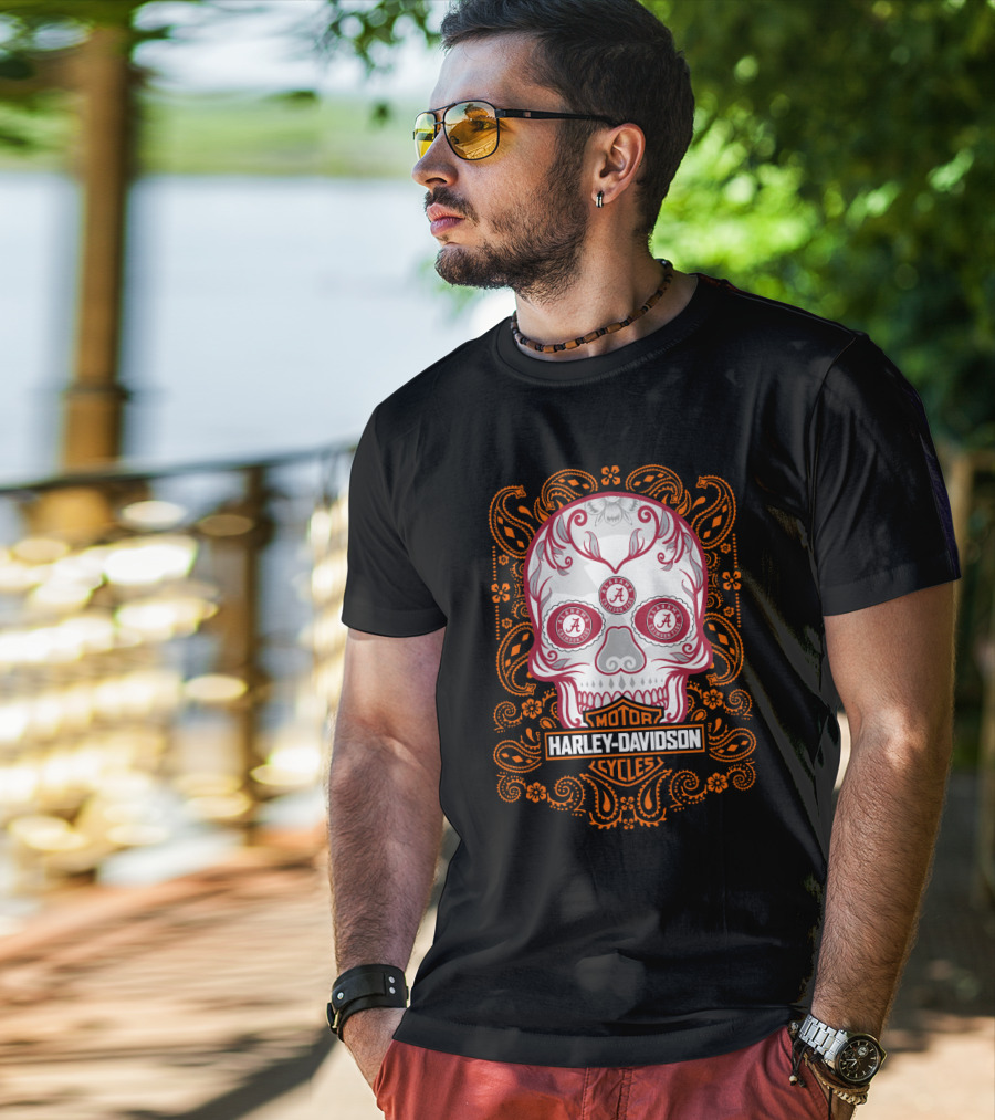 Harley Davidson Motor Cycles Skull Art With Orange Paisley Border T-Shirt