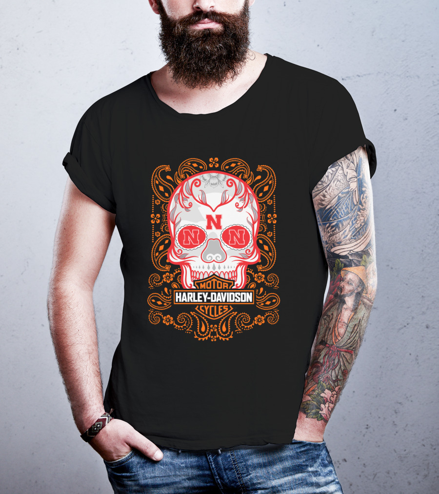 Harley Davidson Motorcycles Nebraska Ncaa Skull T-Shirt