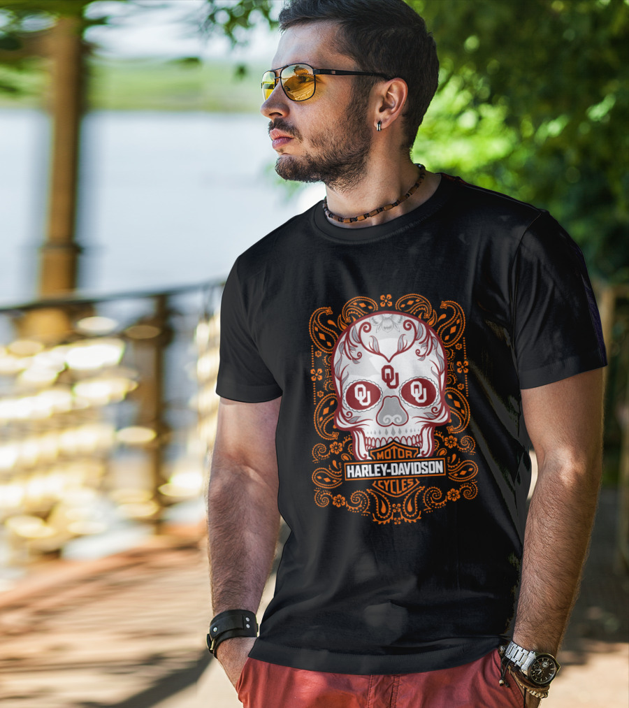Harley Davidson Ou Skull Design With Paisley Accents T-Shirt