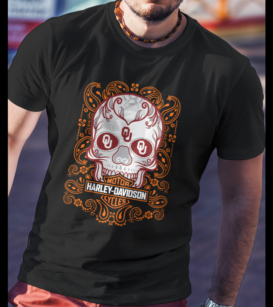 Harley Davidson Ou Skull Design With Paisley Accents T-Shirt