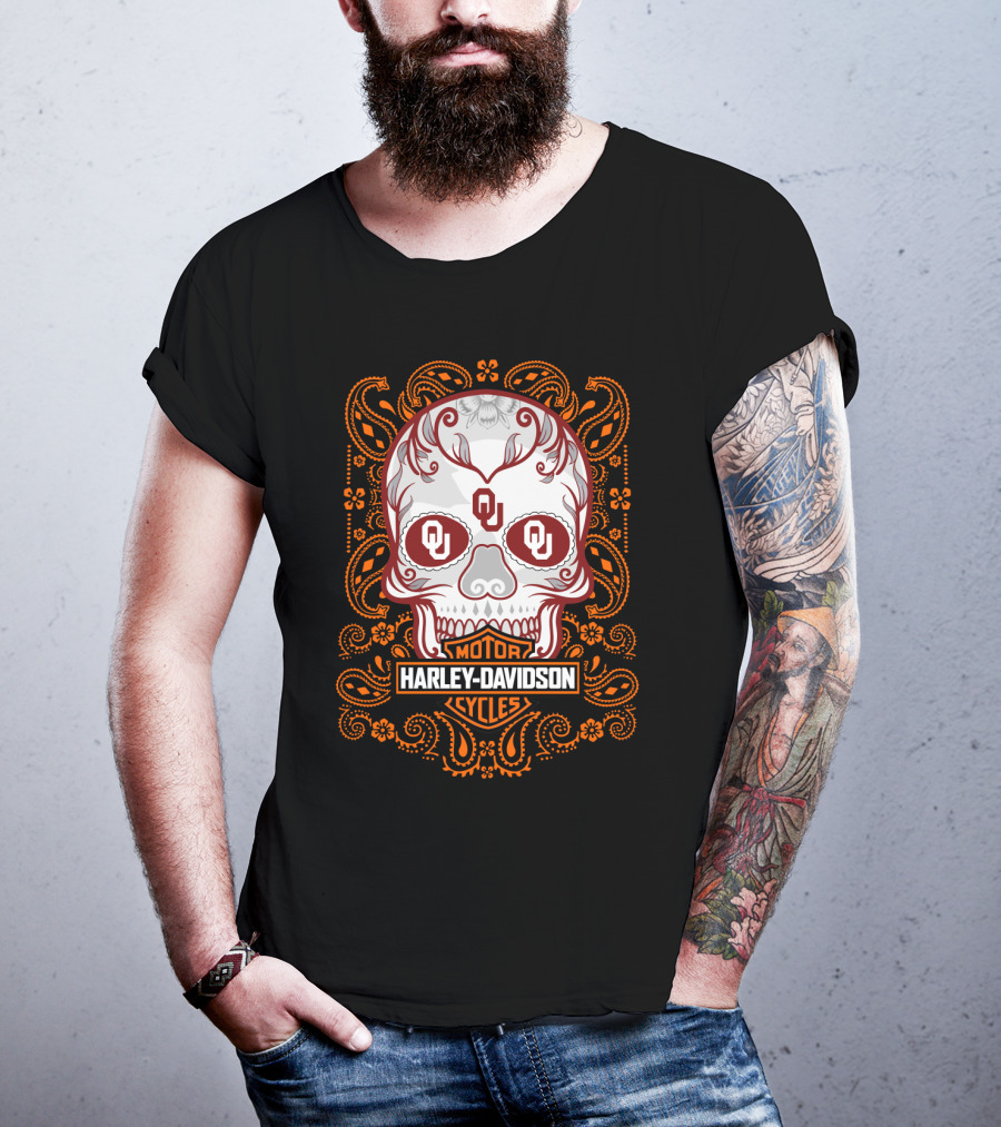 Harley Davidson Ou Skull Design With Paisley Accents T-Shirt