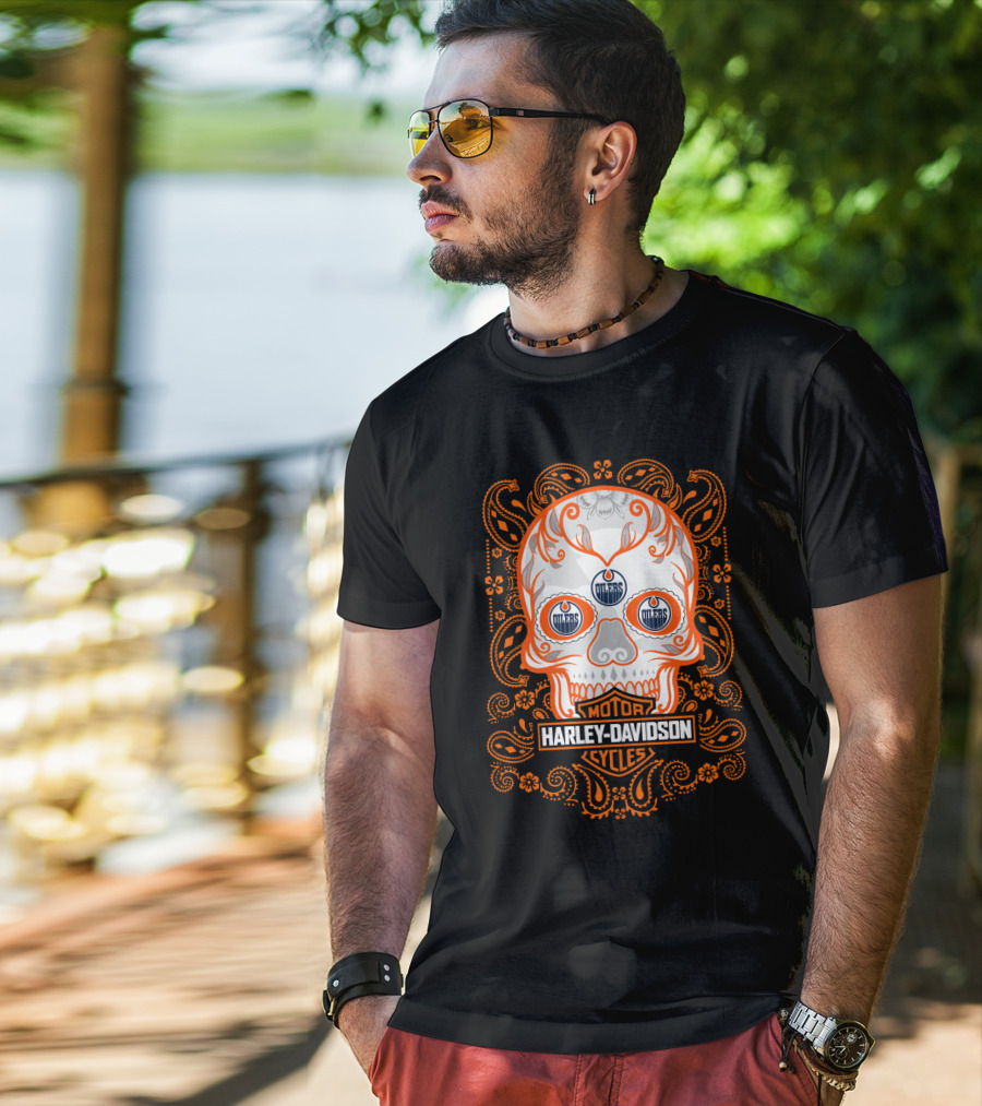 Harley Davidson Motor Cycles Oilers Nhl Skull T-Shirt