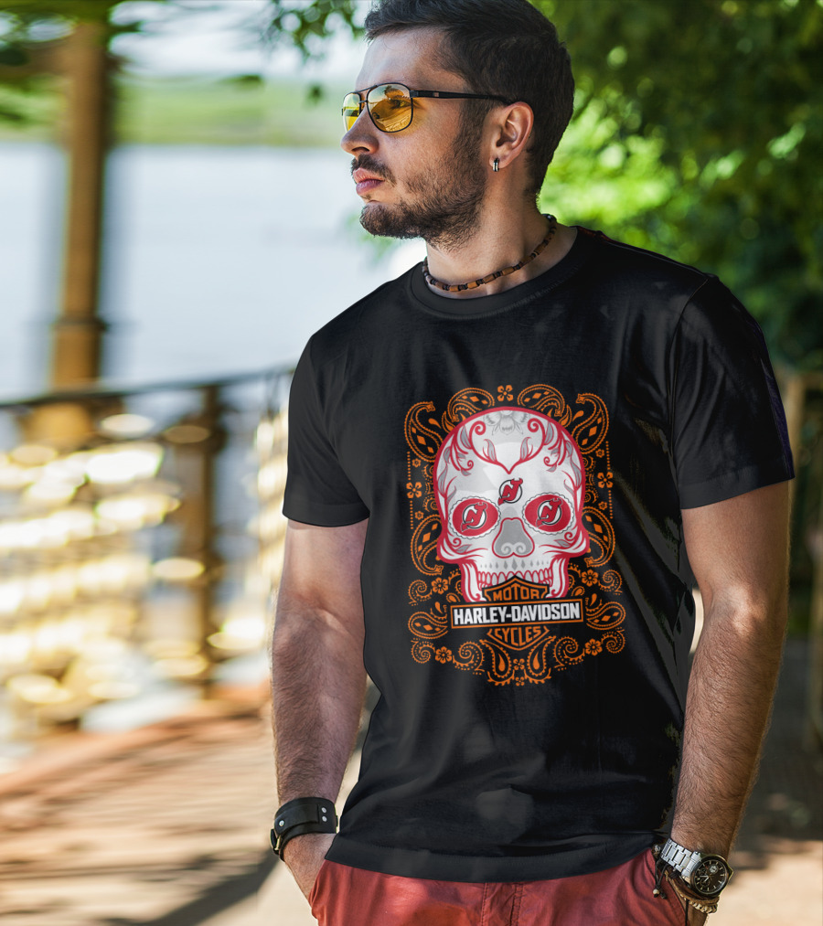 Harley Davidson Motor Cycles Nhl Njd Sugar Skull T-Shirt