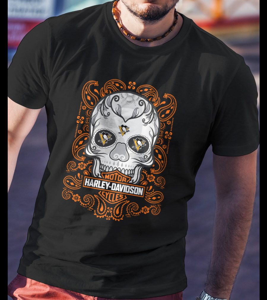 Harley Davidson Motor Cycles Skull Nhl Penguins T-Shirt