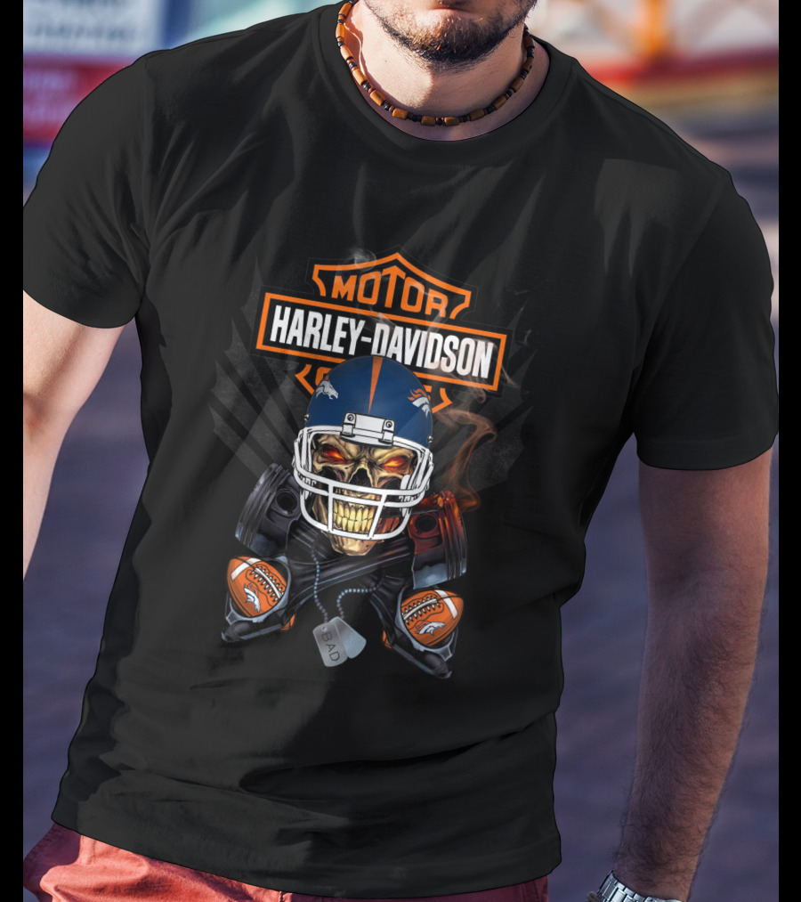 Harley Davidson Denver Broncos 106 Football Skull Helmet T-Shirt